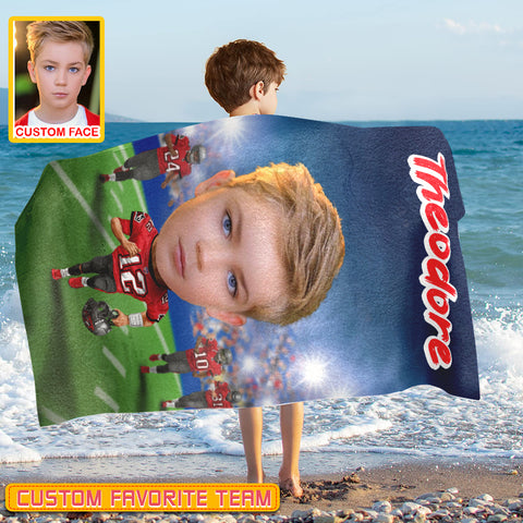 Image of Personalized Name & Photo Custom Face Custom Number Kid Big Face American Football Beach Towel