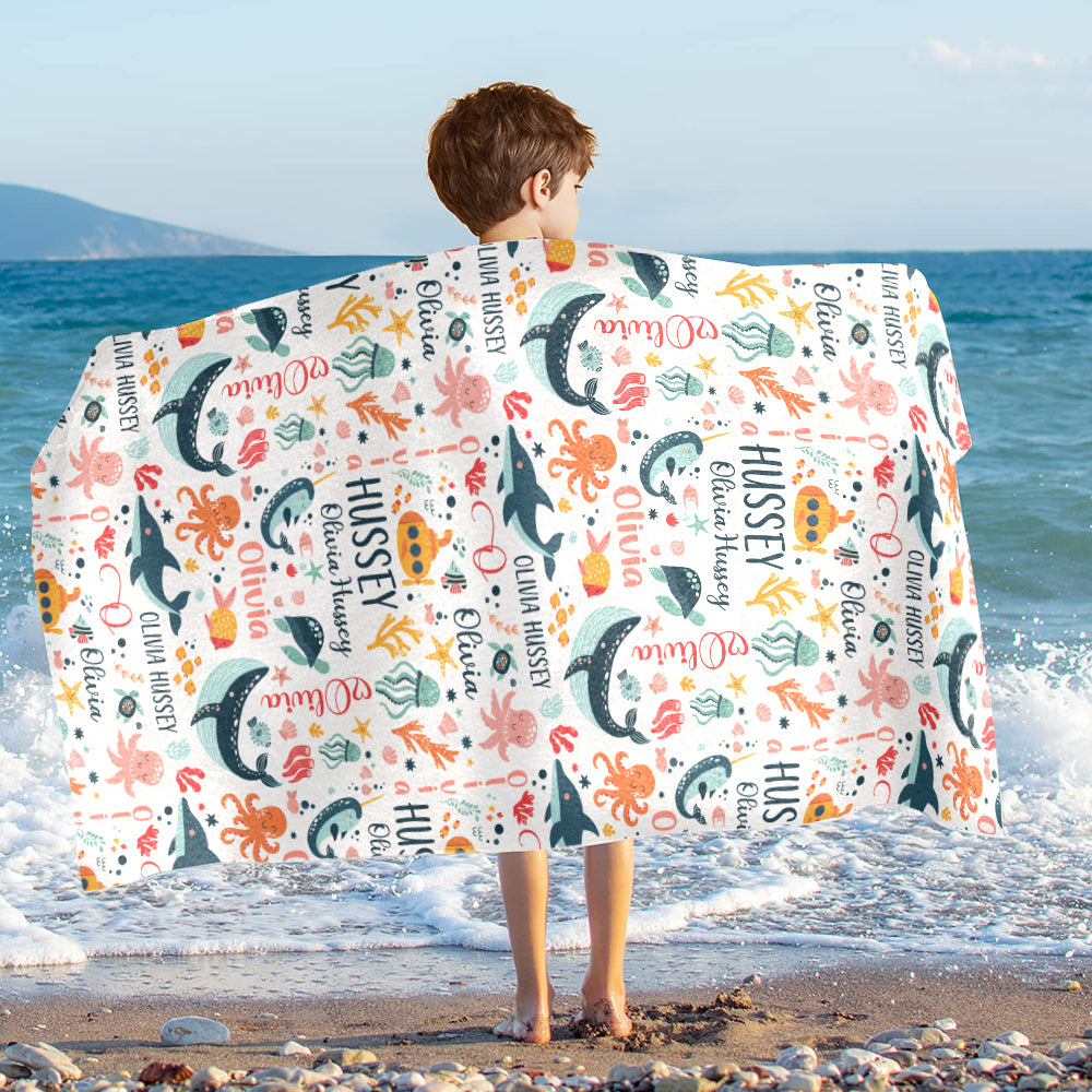 Personalized Name Under The Sea Ocean Animals Beach Towel