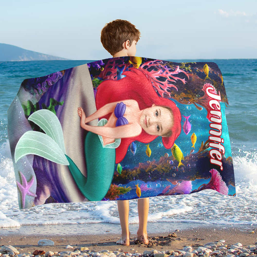 Personalized Name & Photo Litte Mermaid In Deep Sea Beach Towel