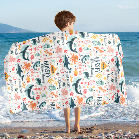 Image of Personalized Name Under The Sea Ocean Animals Beach Towel