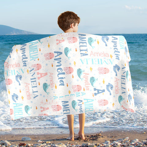 Image of Personalized Name Sea Animals Jellyfish Dolphin Whale Beach Towel