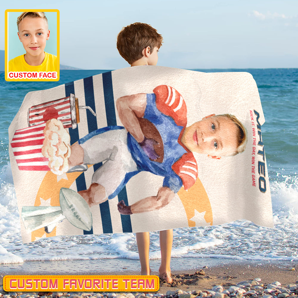 Personalized Name & Photo Kick It Win The Day American Football Beach Towel, Sport Beach Towel, Football Lover Gift