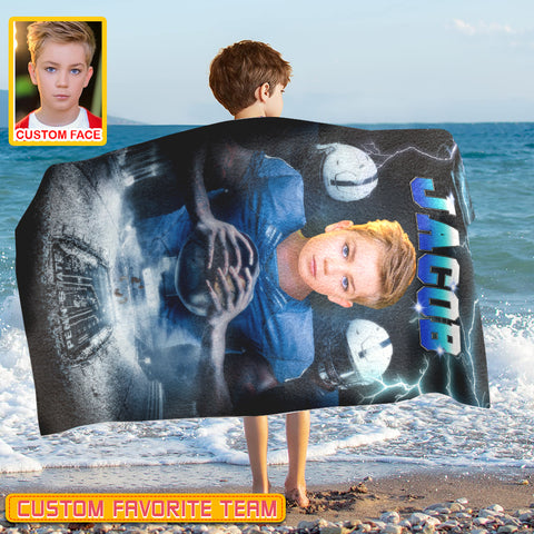 Image of Personalized Name & Photo Super Star American Football Beach Towel, Sport Beach Towel, Football Lover Gift
