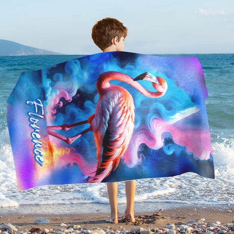 Image of Personalized Name Flamingo Beach Towel, Psychedelic Smoke Flamingo Beach Towel, Customized Gifts for Animals Lovers