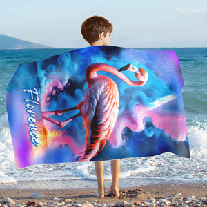 Personalized Name Flamingo Beach Towel, Psychedelic Smoke Flamingo Beach Towel, Customized Gifts for Animals Lovers