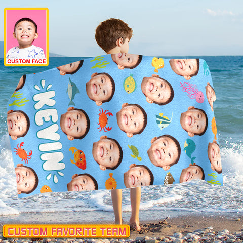 Image of Personalized Name & Photo Boy Custom Face Sea Animals Ocean Animals Beach Towel, Summer Gifts