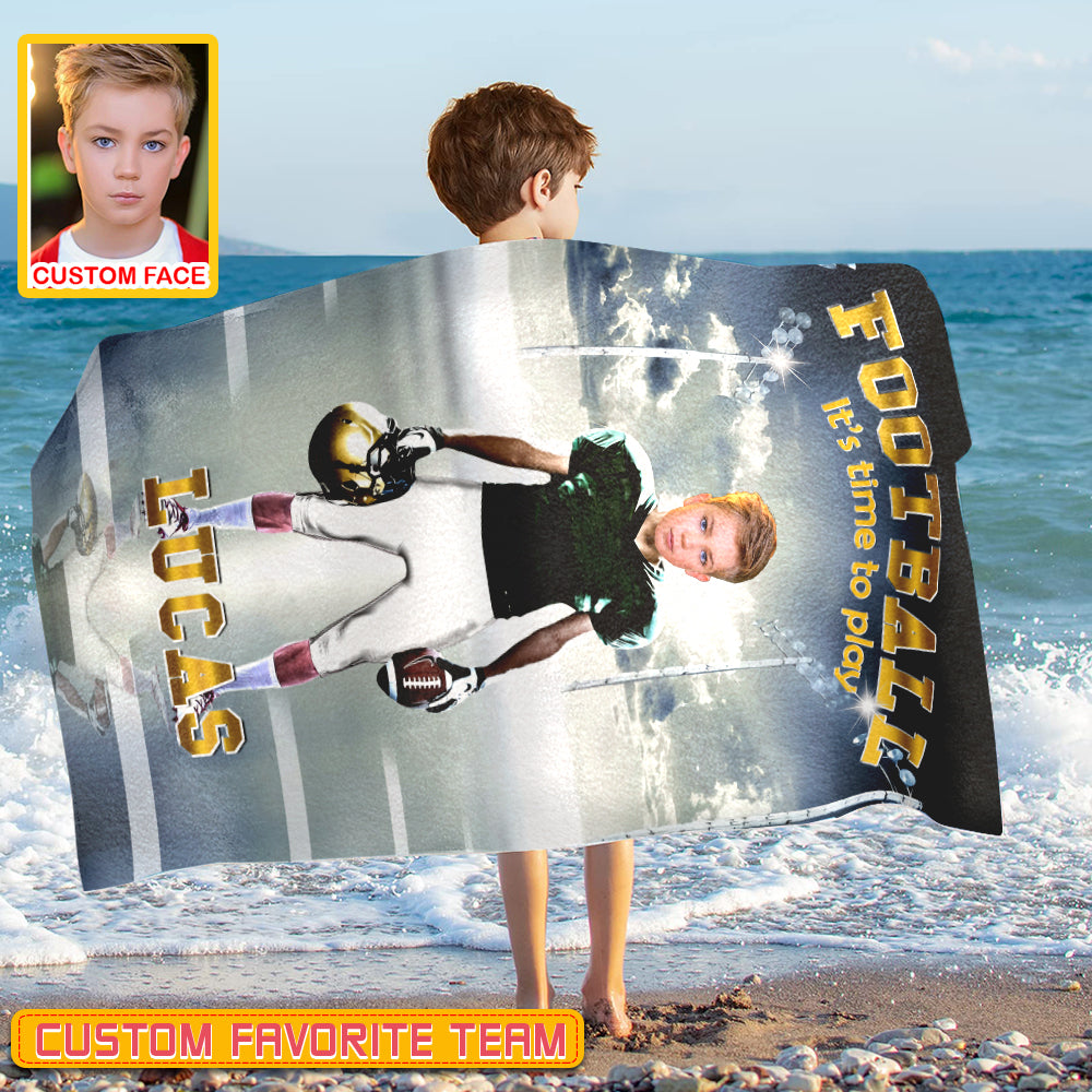 Personalized Name & Photo It's Time To Play American Football Beach Towel, Sport Beach Towel
