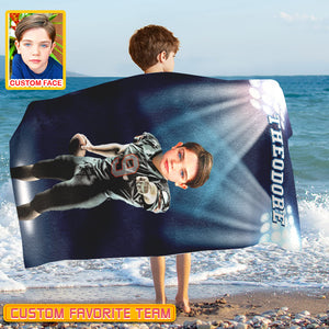 Personalized Name & Photo Under The Spotlight American Football Beach Towel, Sport Beach Towel, Football Lover Gift