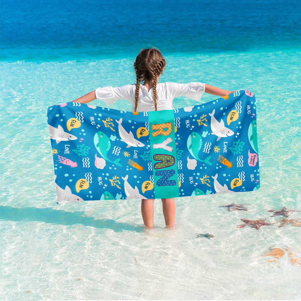 Personalized Name Colorful Sea Animals for Kid Beach Towel
