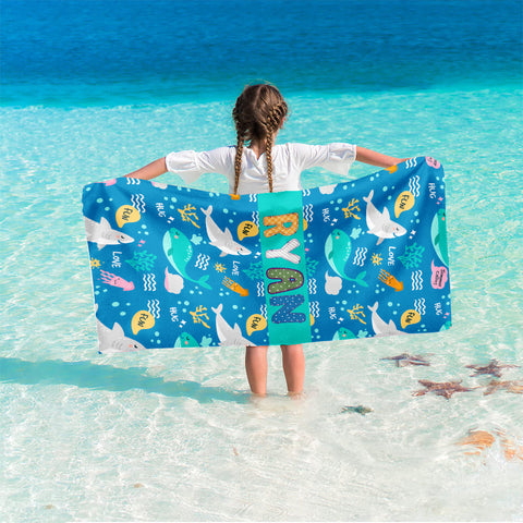 Image of Personalized Name Colorful Sea Animals for Kid Beach Towel