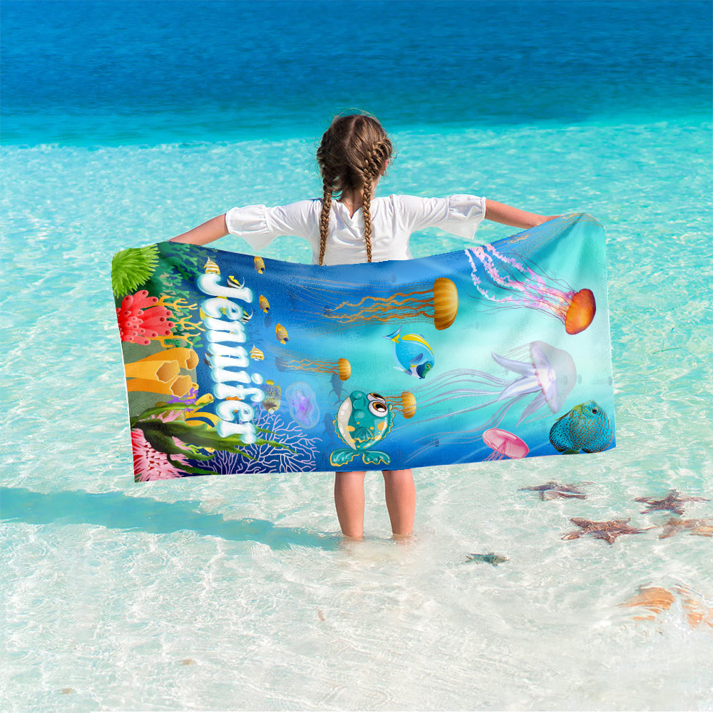 Personalized Name Sea Animals Jellyfish Fish Deep Sea Corals Beach Towel