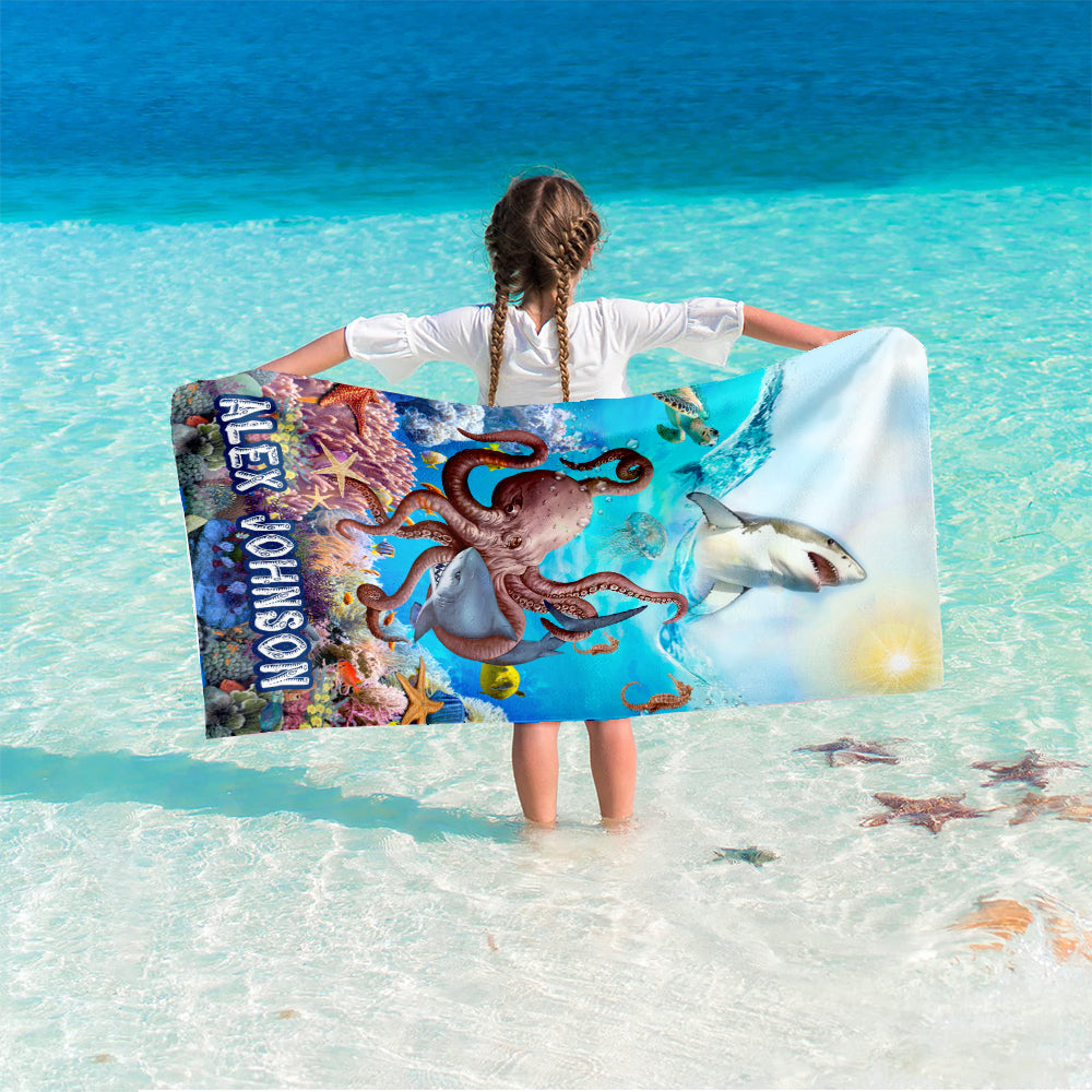 Personalized Name Shark Under The Sea Creature Beach Towel