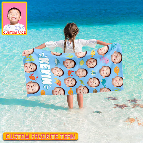 Image of Personalized Name & Photo Boy Custom Face Sea Animals Ocean Animals Beach Towel, Summer Gifts