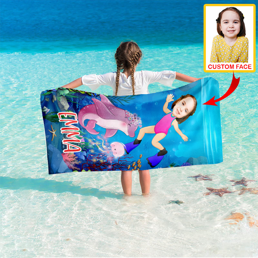 Personalized Name & Photo Dolphin Girl Under The Sea Beach Towel