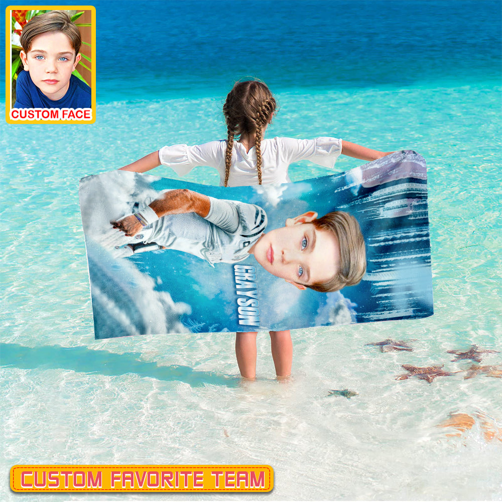 Personalized Name & Photo Ice Big Face American Football Beach Towel, Sport Beach Towel