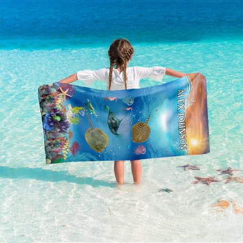 Image of Personalized Name Stingray Whale Under the Sea Creature Beach Towel