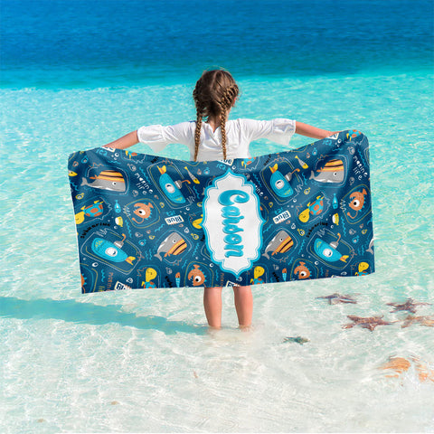 Personalized Name Submarine With Sea Animals Beach Towel