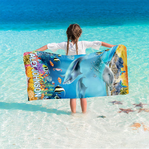 Image of Personalized Name Dolphin Under The Sea Creature Beach Towel