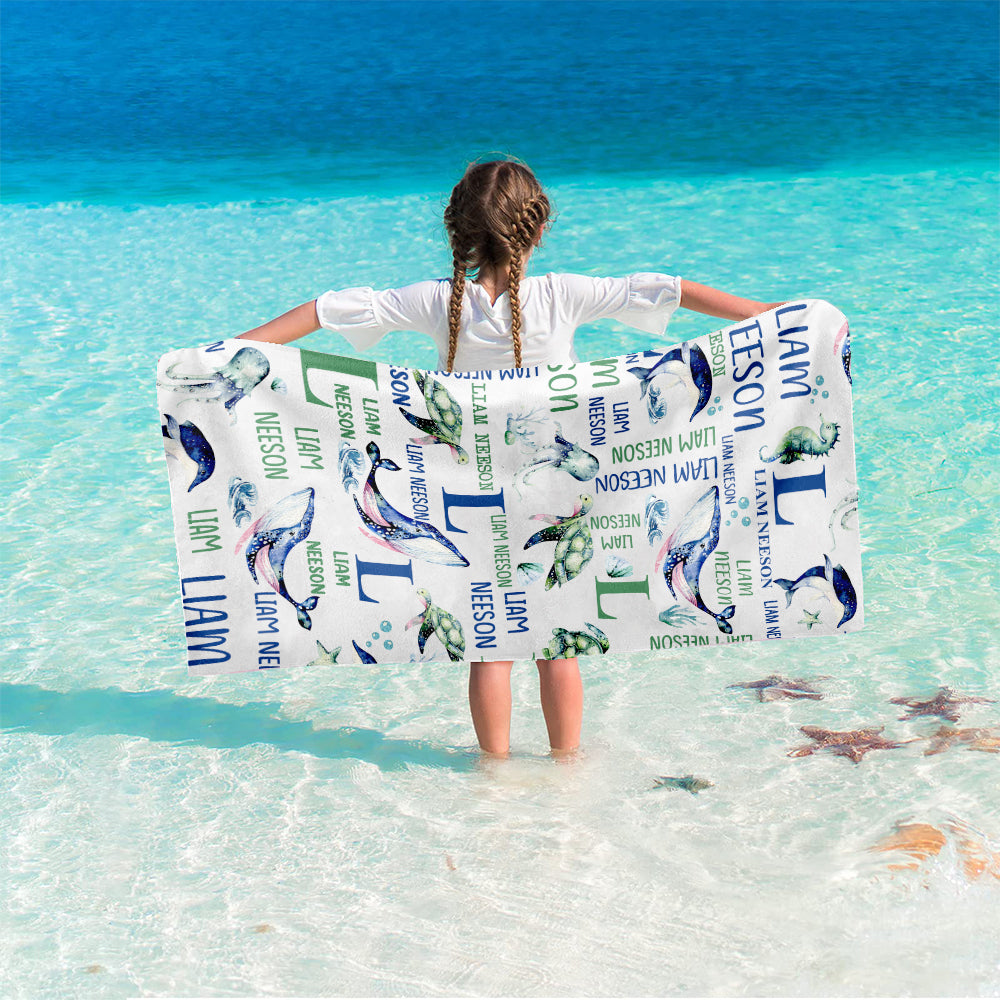 Personalized Name Under The Sea Animal Beach Towel