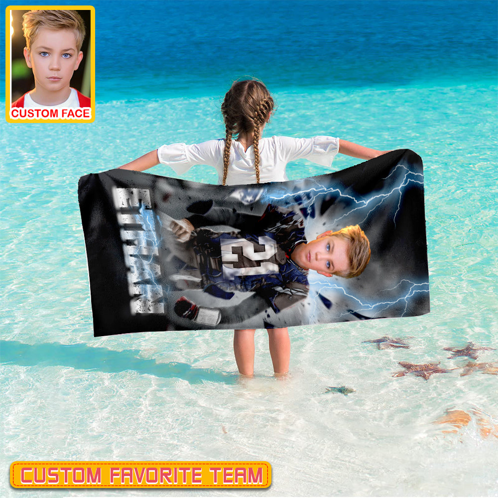 Personalized Name & Photo Break Thunder American Football Beach Towel, Sport Beach Towel, Football Lover Gift