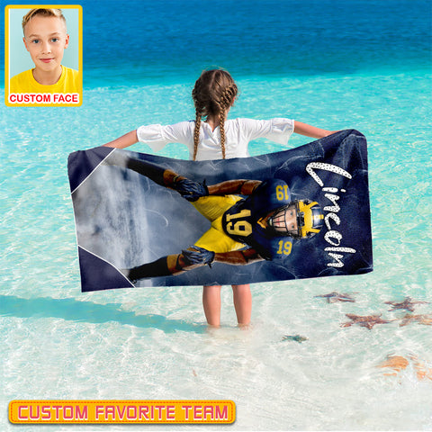 Image of Personalized Name & Photo Dynamic Particle Creative American Football Beach Towel
