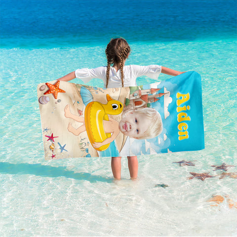 Image of Personalized Name & Photo Custom Face Kid Sand Beach Sea View Beach Towel