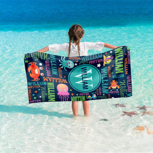 Personalized Name Colorful Lettering Sea Animal Beach Towel
