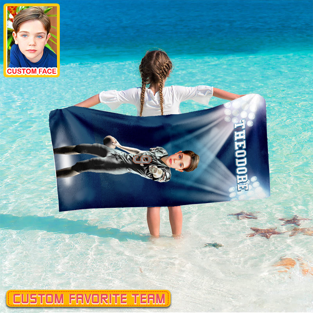 Personalized Name & Photo Under The Spotlight American Football Beach Towel, Sport Beach Towel, Football Lover Gift