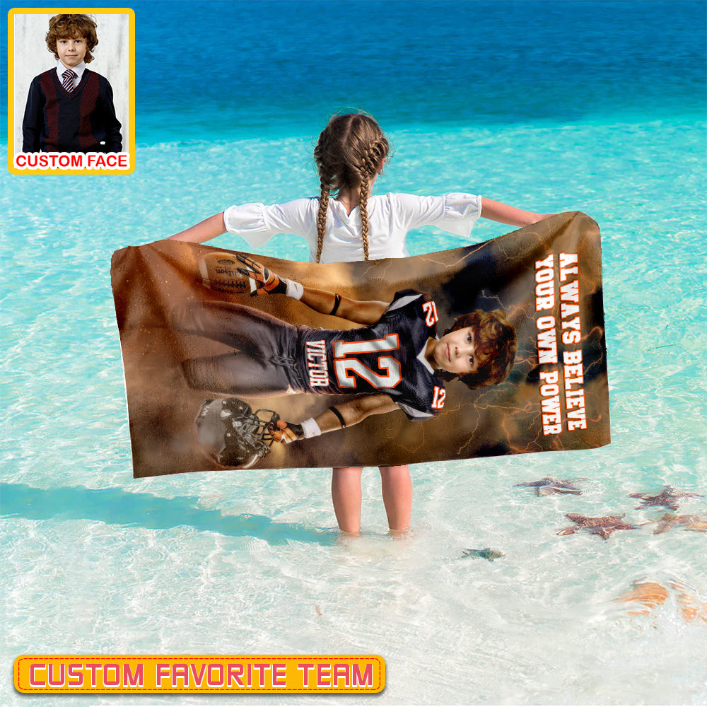 Personalized Name & Photo Always Believe Your Own Power American Football Beach Towel, Sport Beach Towel