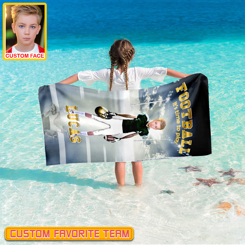 Personalized Name & Photo It's Time To Play American Football Beach Towel, Sport Beach Towel