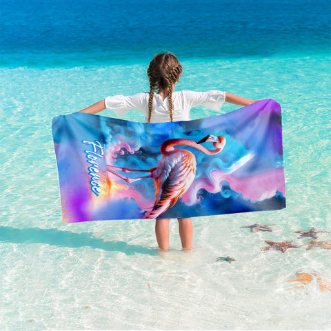 Image of Personalized Name Flamingo Beach Towel, Psychedelic Smoke Flamingo Beach Towel, Customized Gifts for Animals Lovers