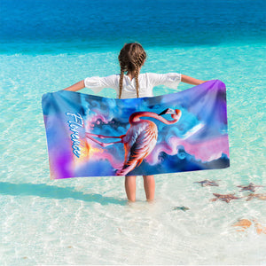 Personalized Name Flamingo Beach Towel, Psychedelic Smoke Flamingo Beach Towel, Customized Gifts for Animals Lovers