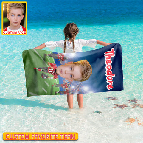 Image of Personalized Name & Photo Custom Face Custom Number Kid Big Face American Football Beach Towel