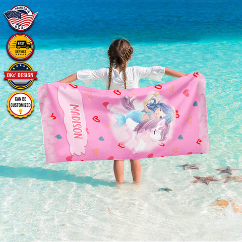 Personalized Name Little Mermaid Pink Love Beach Towel