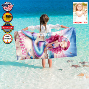 Personalized Name & Photo Summer Mermaid Pearl Beach Towel