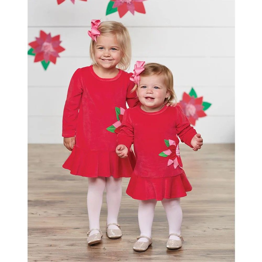 Mud Pie Little Girls Christmas Red Poinsettia Flounce Dress