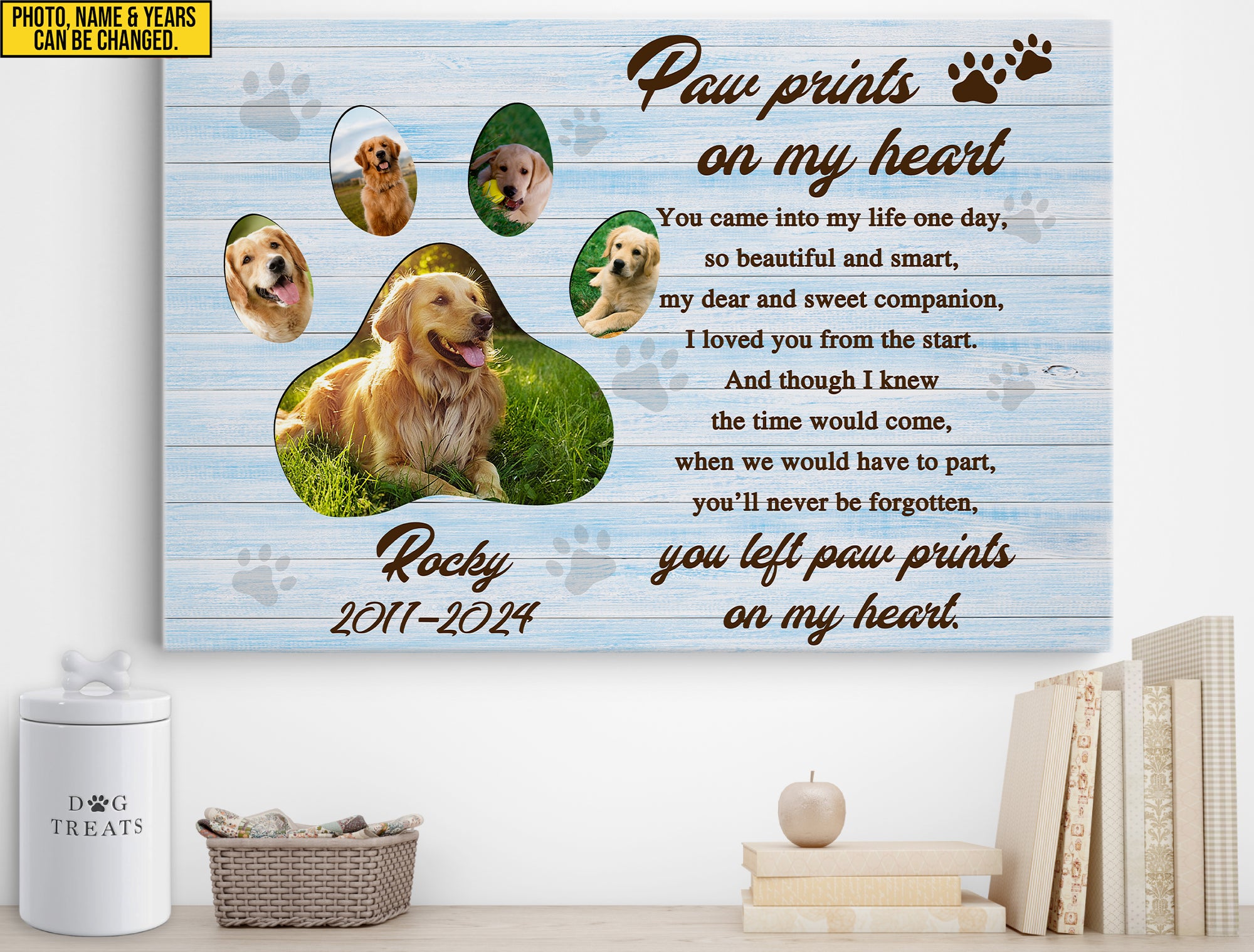 Personalized Pet Memorial Photo Canvas, Paw Prints On My Heart Canvas, Sympathy Gifts, Dog Gifts, Dog Memorial Photo Gift