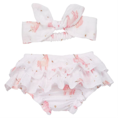 Image of Mud Pie Baby Girl Unicorn Ruffle Bloomers and Headband Set Muslin