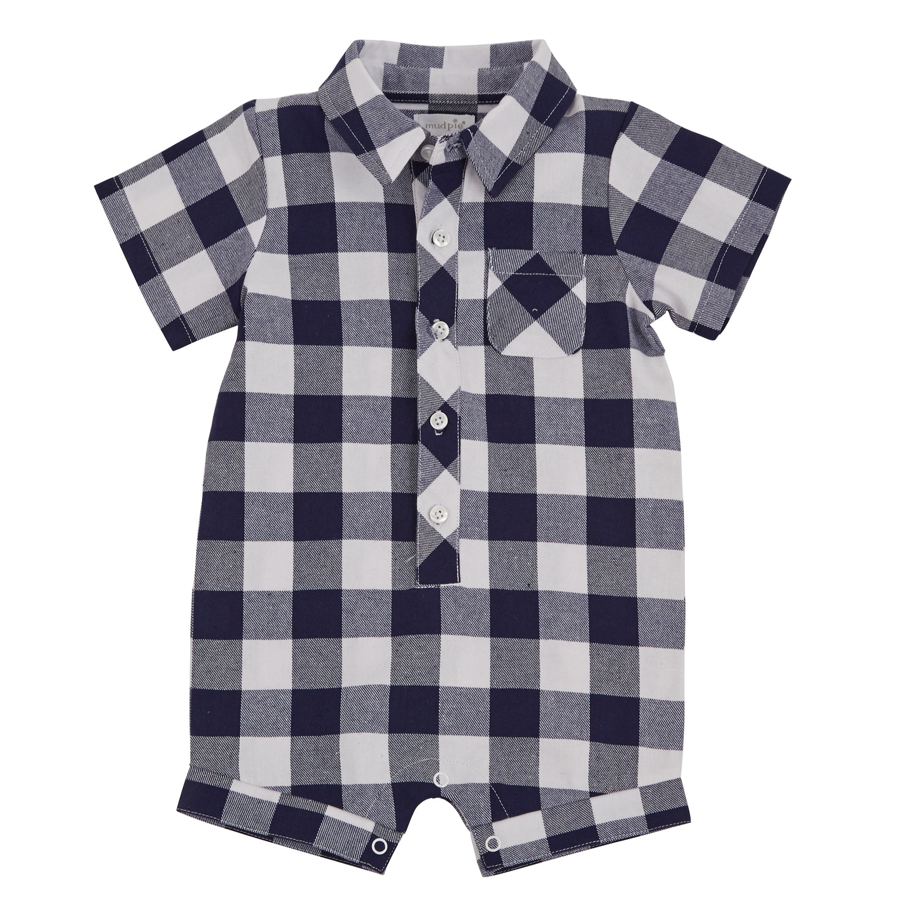 Mud Pie Baby Boy Navy Plaid Gingham One-Piece Romper