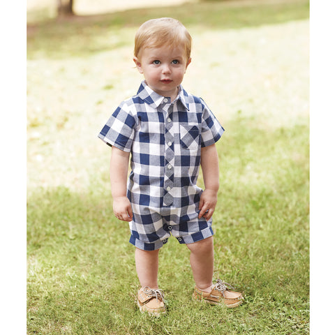 Image of Mud Pie Baby Boy Navy Plaid Gingham One-Piece Romper