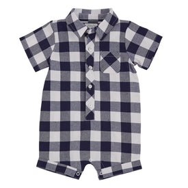 Mud Pie Baby Boy Navy Plaid Gingham One-Piece Romper