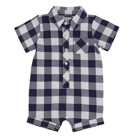 Image of Mud Pie Baby Boy Navy Plaid Gingham One-Piece Romper