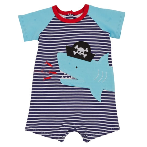 Image of Mud Pie Baby Boy Shark Tank Pirate Hat One Piece Shortall