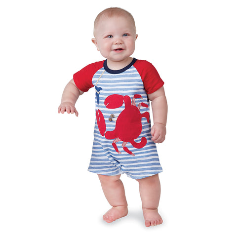 Image of Mud Pie Baby Boy Crab One Piece Shortall Romper