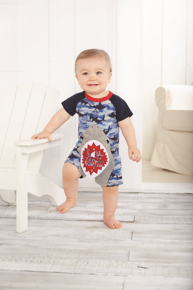 Mud Pie Baby Boy Camo Shark Snap Mouth One Piece Romper