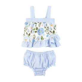 Mud Pie Little Girls' Blue Rose Pinafore & Bloomer Set