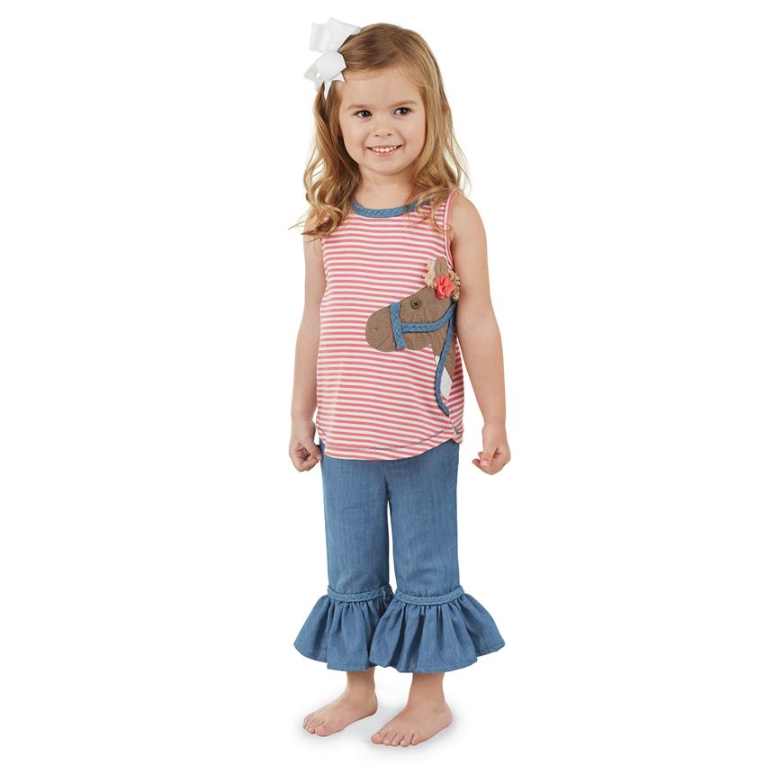 Mud Pie Baby Girl Horse Applique Striped Tunic Capri Set