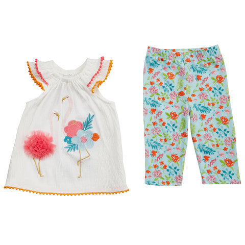 Image of Mud Pie Baby Girl Floral Flamingo 2-Piece Capris Set