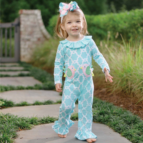 Mud Pie Baby Girl Bird Applique Blue Printed Romper