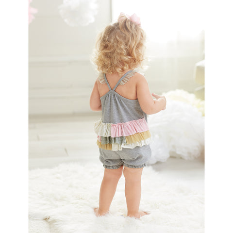 Image of Mud Pie Baby Girl Darling Gray Ruffle Bubble Romper